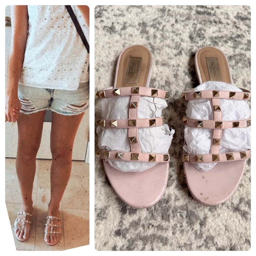 Valentino Garavani Pink Rockstud Leather Slide Sandals